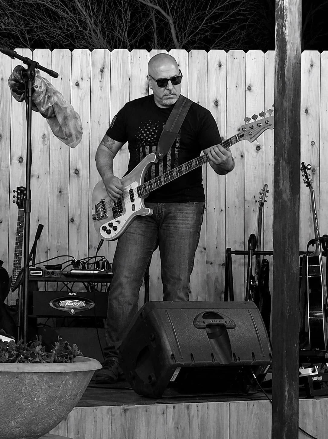 Mike playing his Rickenbacker bass at an outdoor show